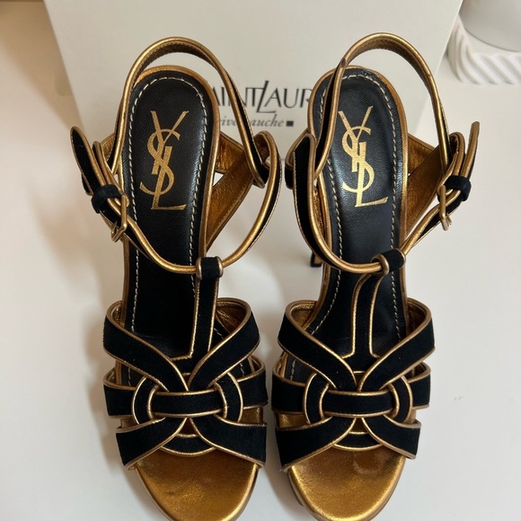 Yves Saint Laurent YSL Suede Black Gold Cutout Accent T-Strap Sandals - Picture 2 of 13